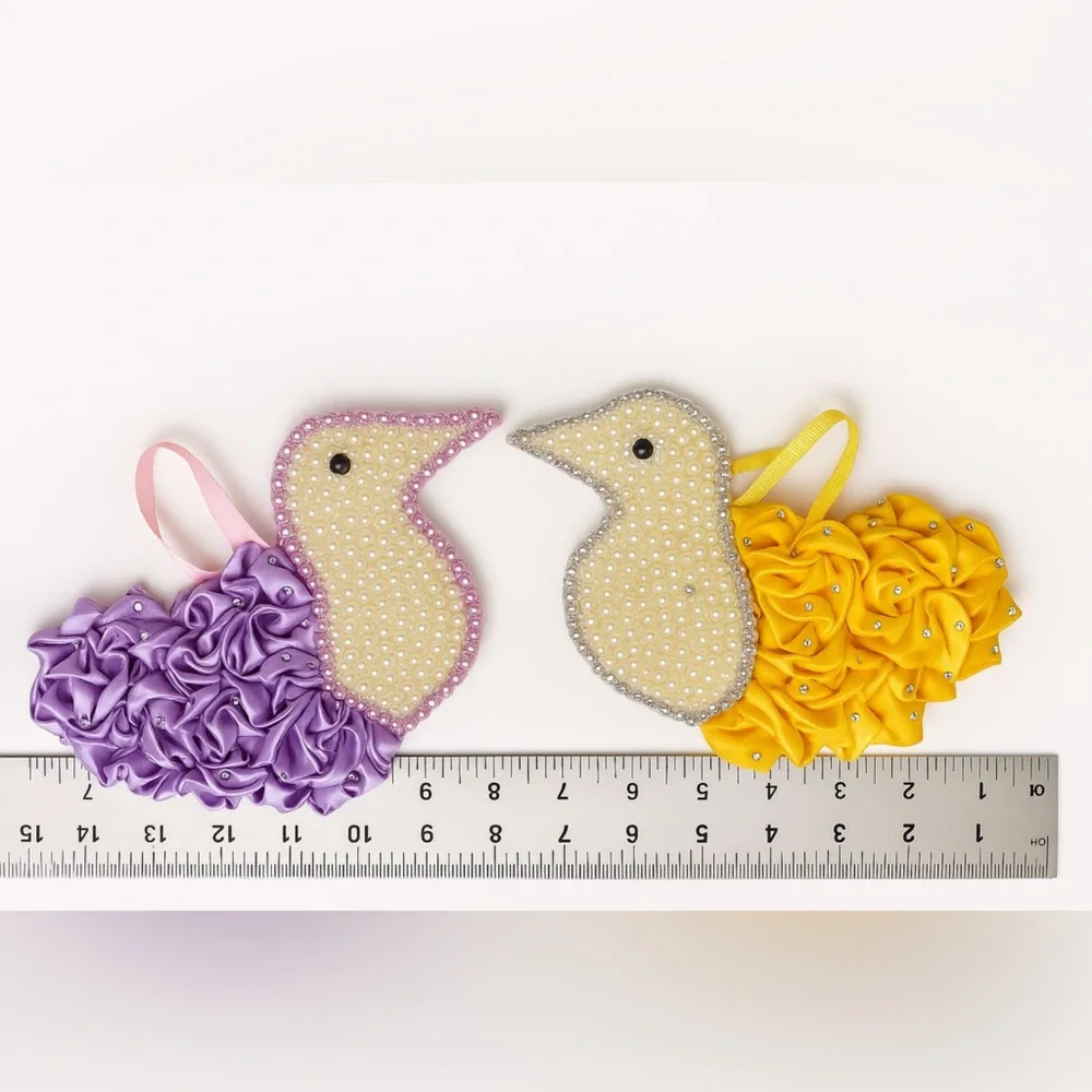 Handmade Beaded Bird Ornament Pair-Yellow & Purple Satin Ribbon with PearlsDecor